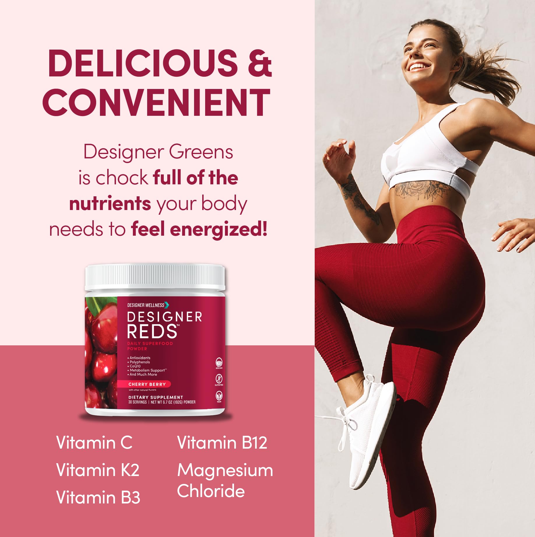 Designer Reds bottle label closeup showing clean ingredients