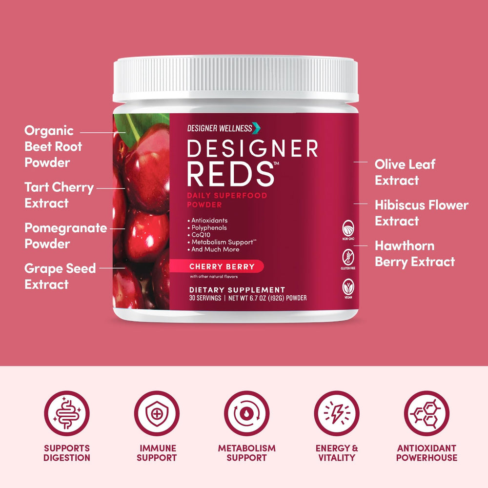 Designer Reds immune support powder highlighting vibrant color
