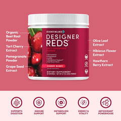 Designer Reds immune support powder highlighting vibrant color