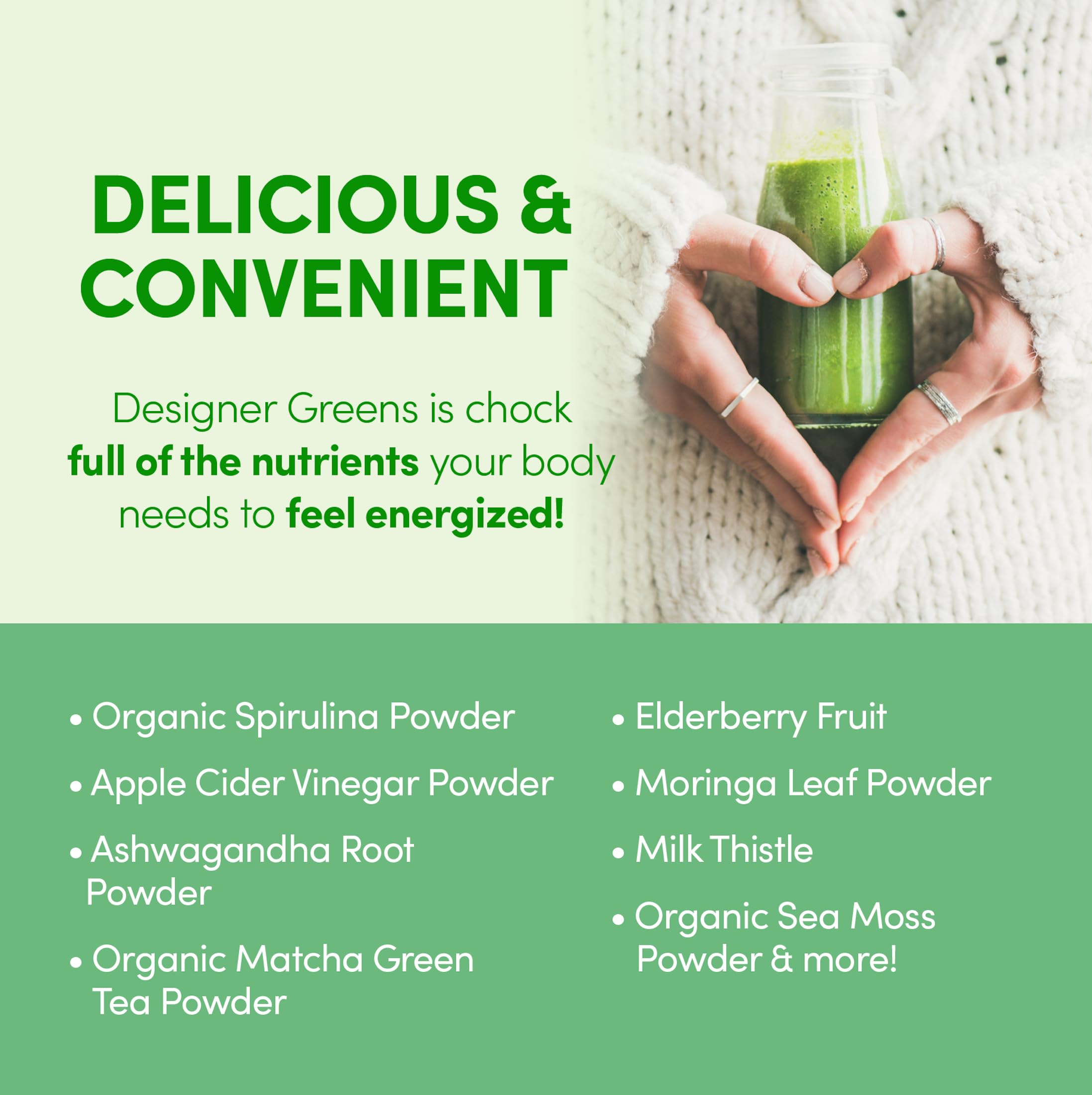 Designer Wellness Greens daily routine image suggests simple nutritious addition.
