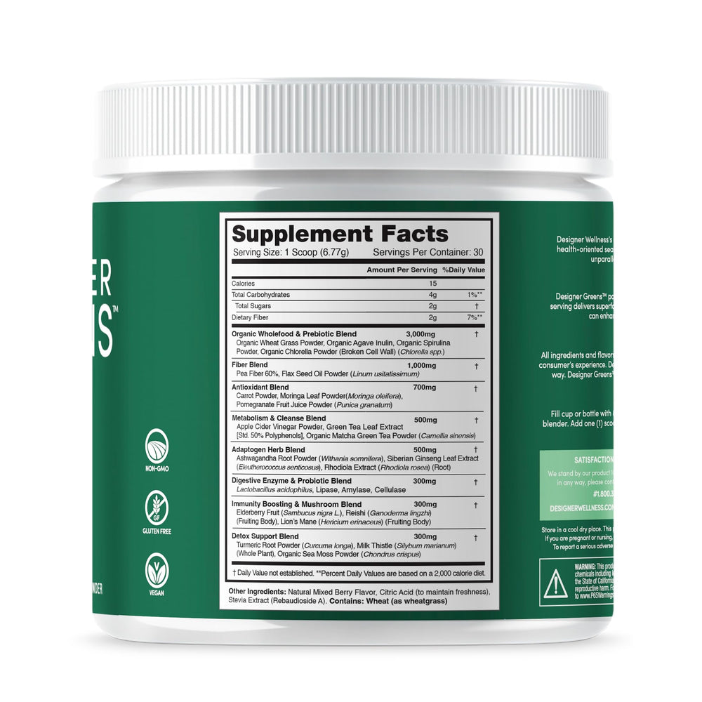 Designer Wellness Greens label detail highlights key ingredients and features.