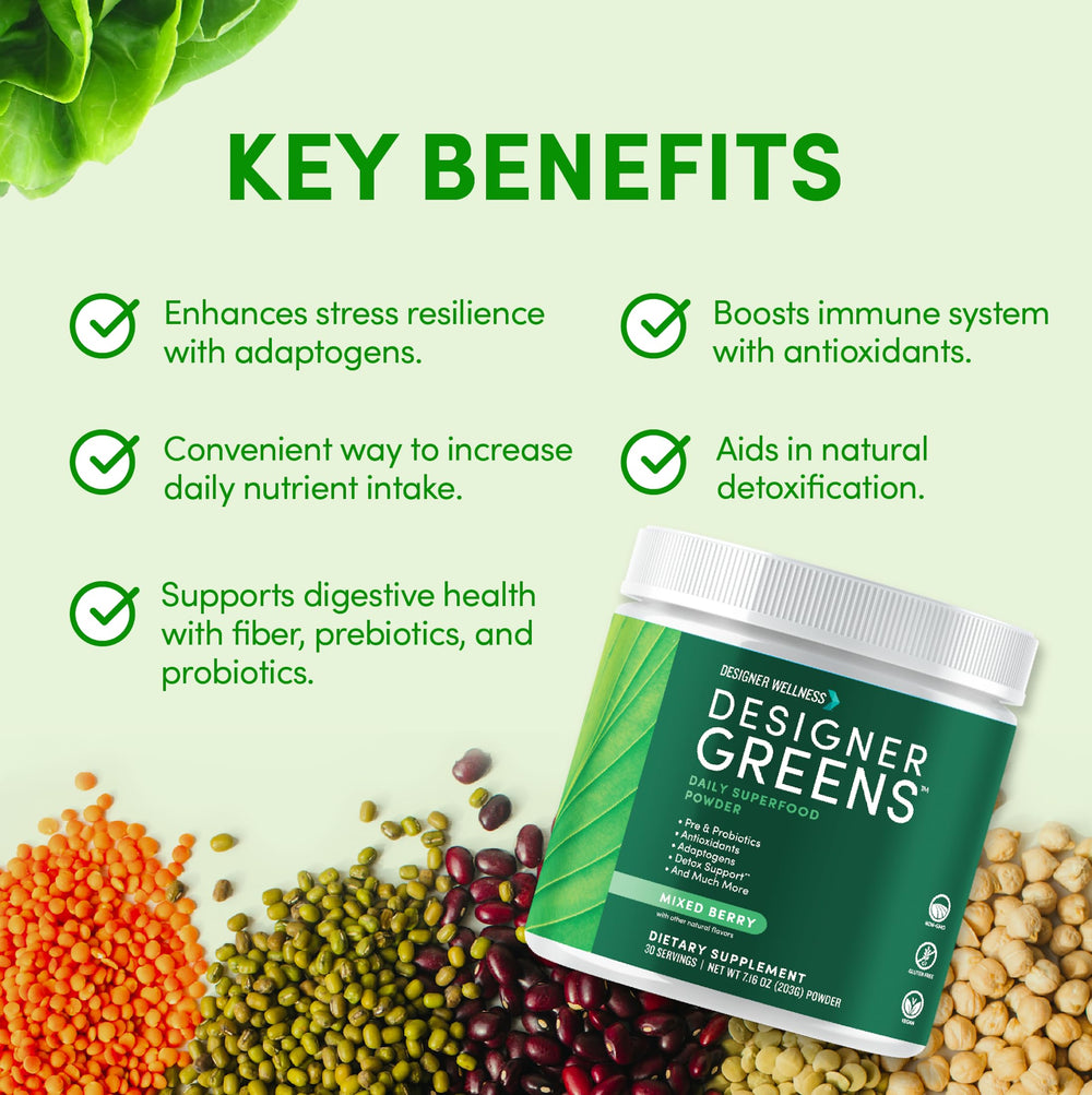 Designer Wellness Greens powder closeup showing vibrant texture and ingredients.