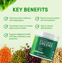 Designer Wellness Greens powder closeup showing vibrant texture and ingredients.