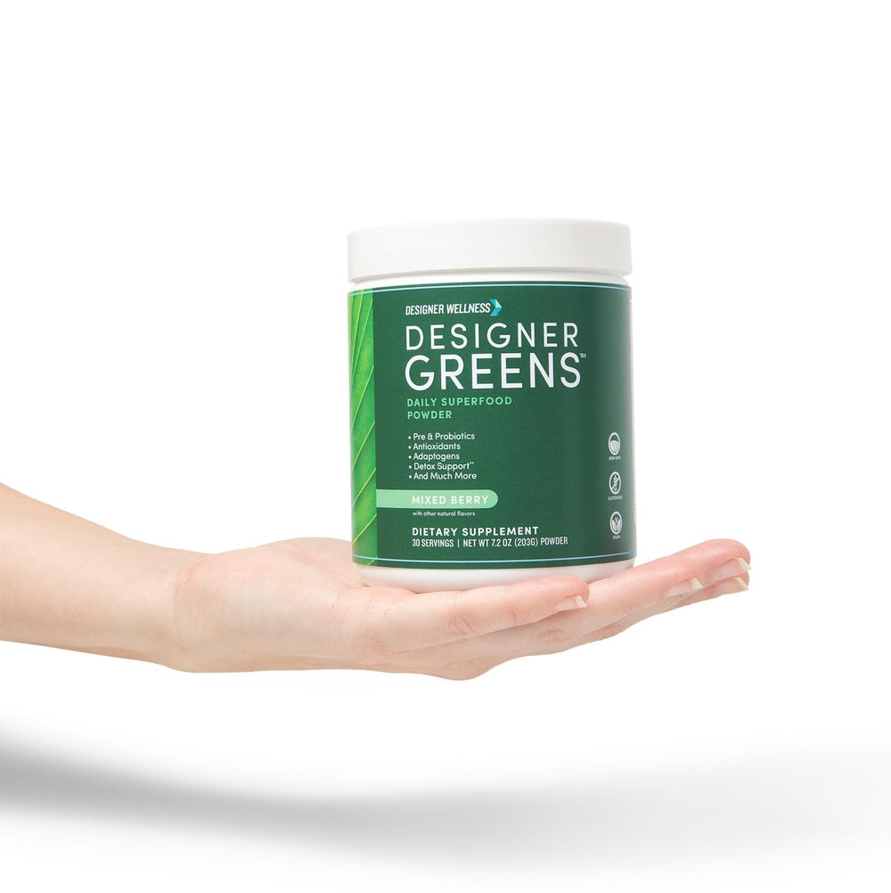 Designer Wellness Greens storage bottle keeps powder fresh.