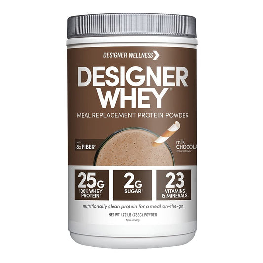 Designer Wellness designer whey bottle pour shows convenient protein shake for on the go