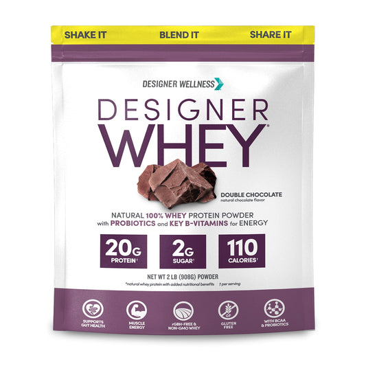 Designer Wellness Designer Whey bottle promotes post-workout protein.