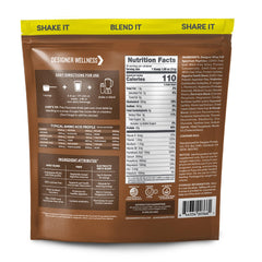Designer Wellness Designer Whey label close-up highlighting probiotics and prebiotic fiber.