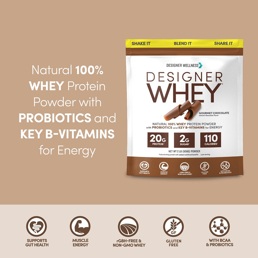 Designer Wellness Designer Whey tub label highlights gluten-free and probiotic features