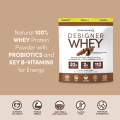 Designer Wellness Designer Whey tub label highlights gluten-free and probiotic features