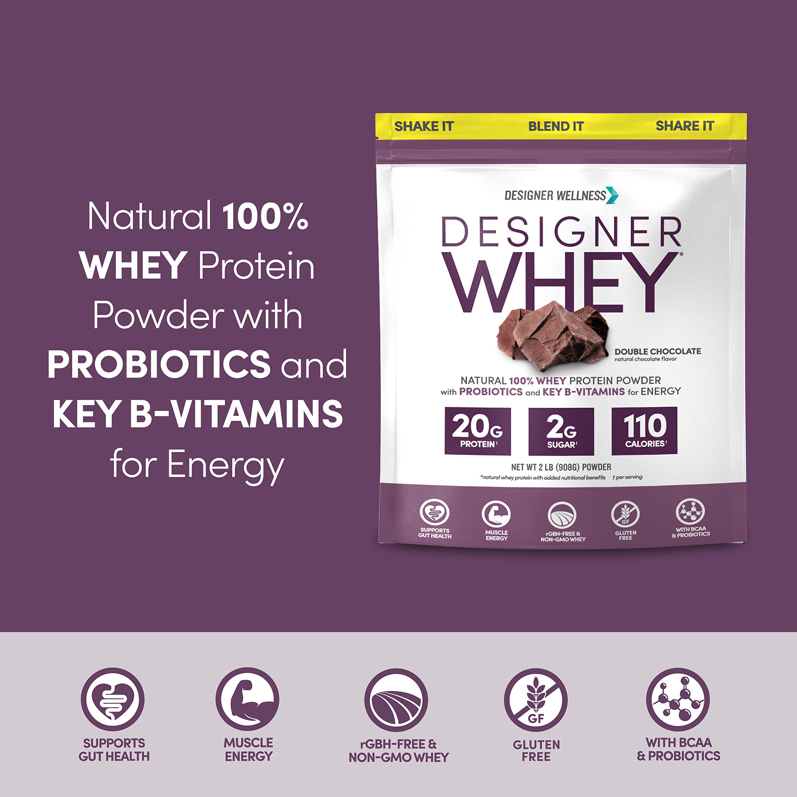 Designer Wellness Designer Whey label highlights gluten-free and Kosher.