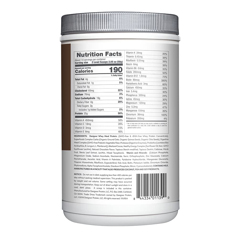 Designer Wellness designer whey nutrition panel highlights 25 g protein and key vitamins