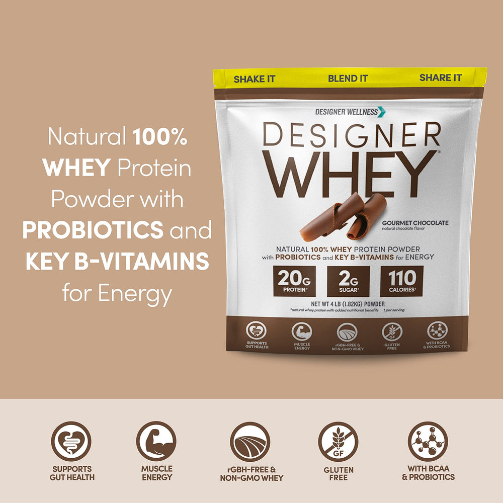 Designer Wellness Designer Whey scoop being poured into a shaker bottle.