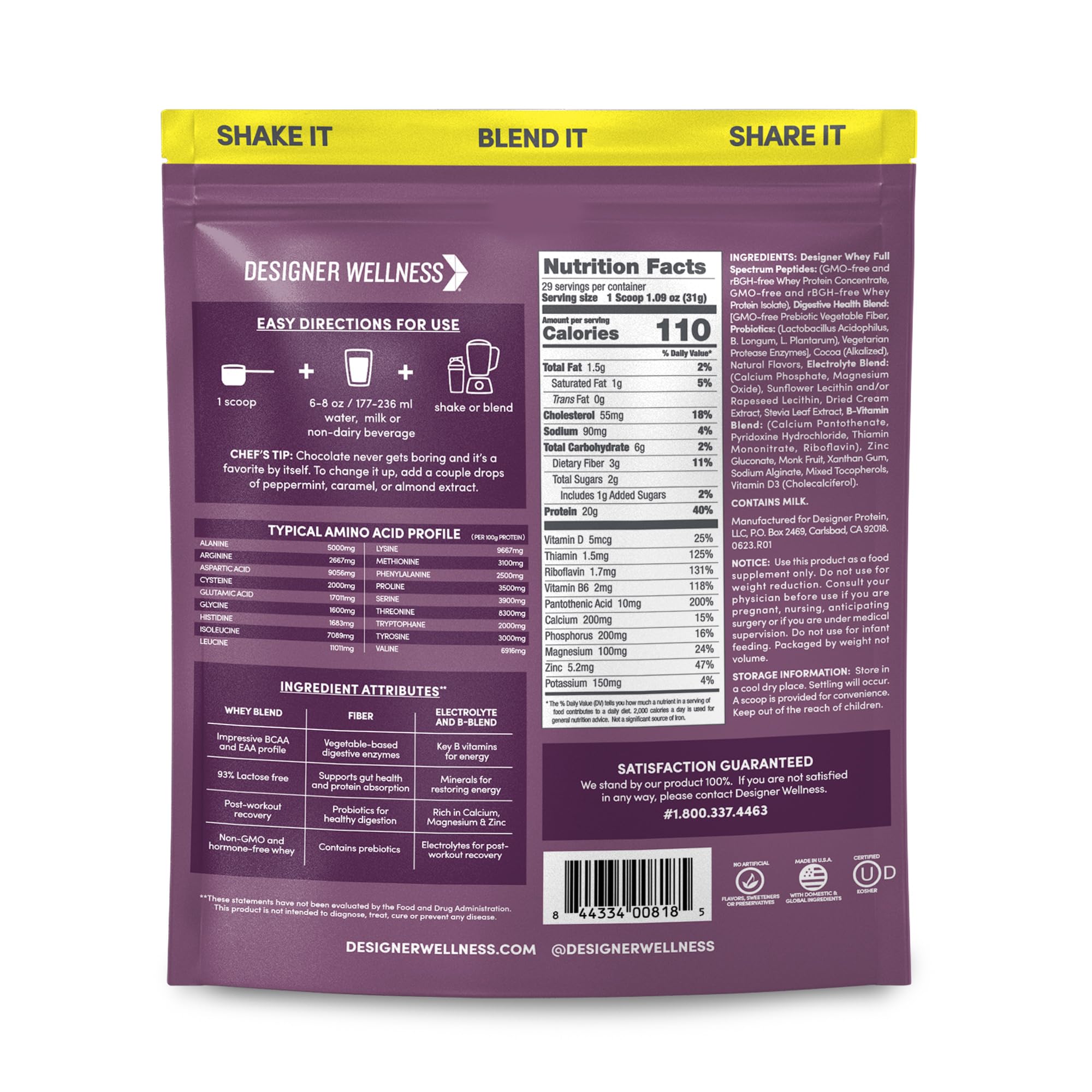 Designer Wellness Designer Whey scoop ready to blend protein shake.