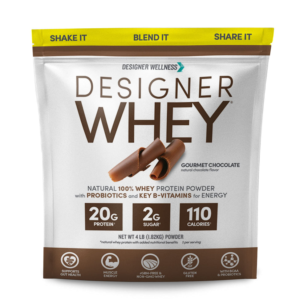 Designer Wellness Designer Whey tub front with gourmet chocolate flavor for athletic support.