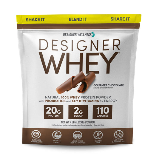 Designer Wellness Designer Whey tub front with gourmet chocolate flavor for athletic support.