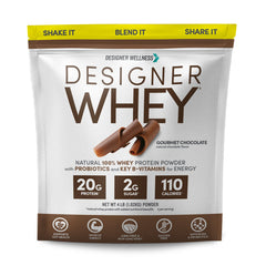 Designer Wellness Designer Whey tub front with gourmet chocolate flavor for athletic support.