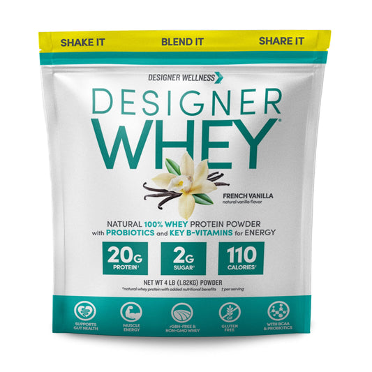 Designer Wellness Designer Whey vanilla powder in a jar—energy and recovery support