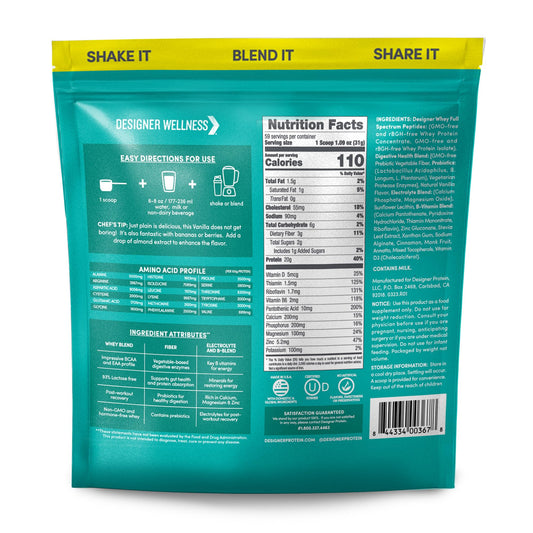 Designer Wellness Designer Whey label close-up highlighting clean ingredients
