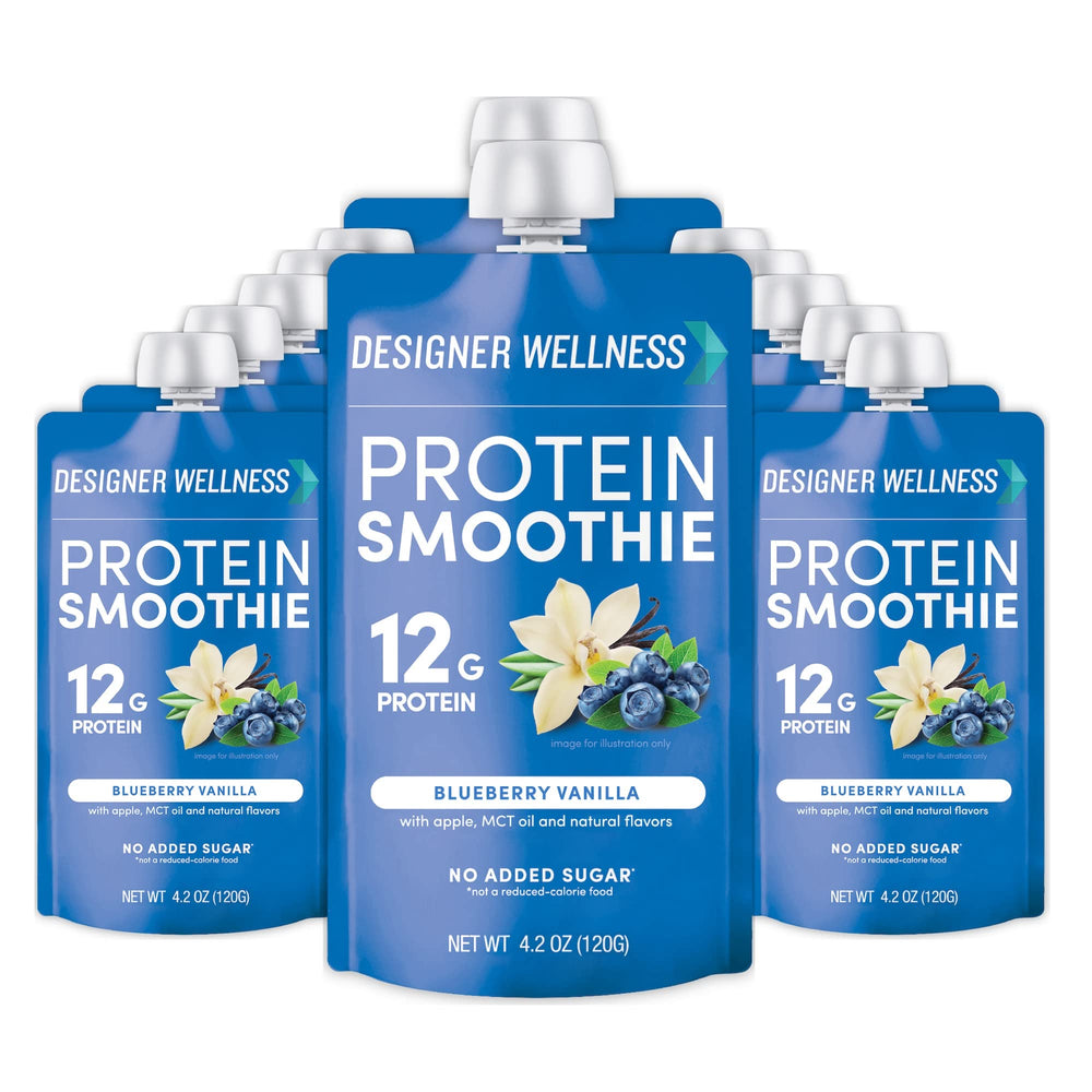 Designer Wellness Protein Smoothie bottle shows blueberry vanilla flavor for on-the-go protein boost.