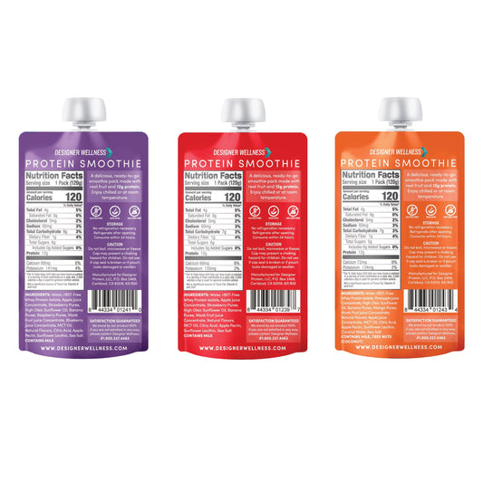 Designer Wellness Protein Smoothie bottle pour shows creamy texture and real fruit.