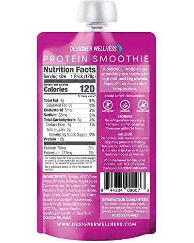 Designer Wellness protein smoothie creamier texture close-up suggests yogurt-like indulgence.