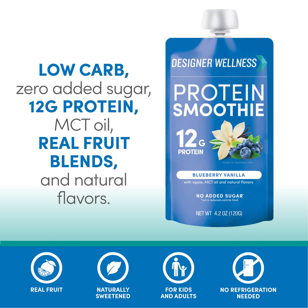 Designer Wellness Protein Smoothie low carb label suggests a lighter carbohydrate option.