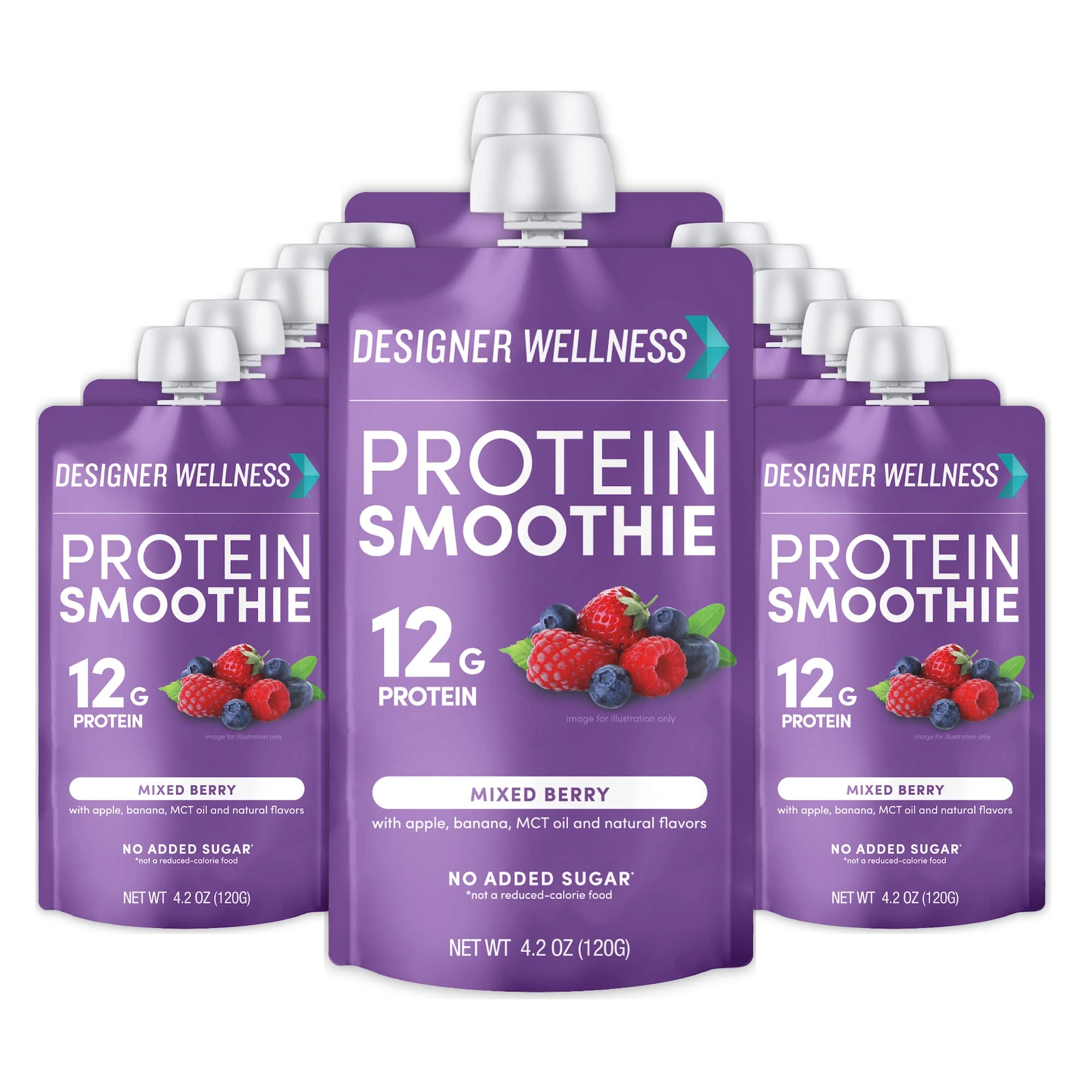 Designer Wellness protein smoothie bottle pouring with mixed berry flavor for on-the-go nutrition.
