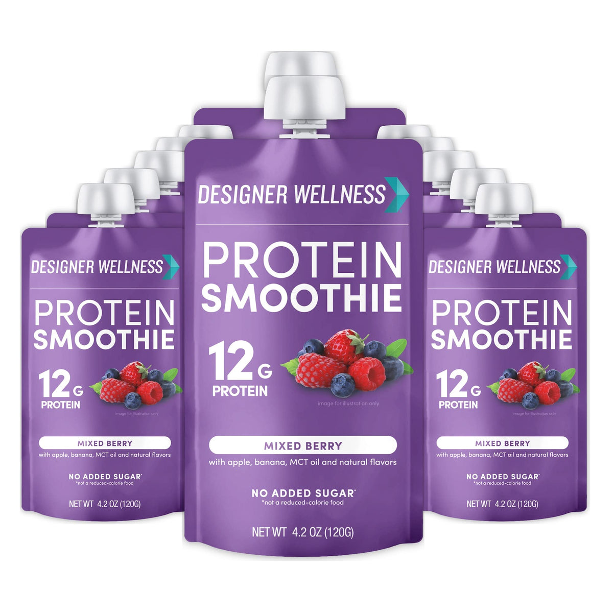 Designer Wellness protein smoothie bottle pouring with mixed berry flavor for on-the-go nutrition.