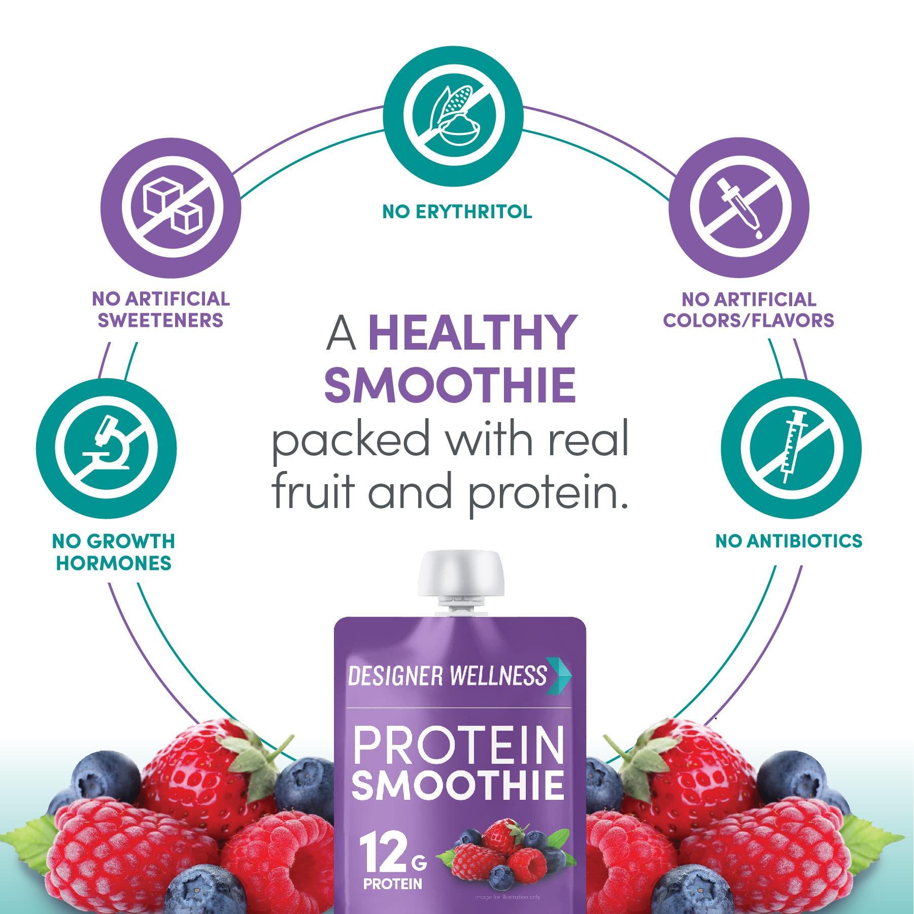 Designer Wellness mixed-berry ingredients close-up emphasizing gluten-free and non-GMO quality.
