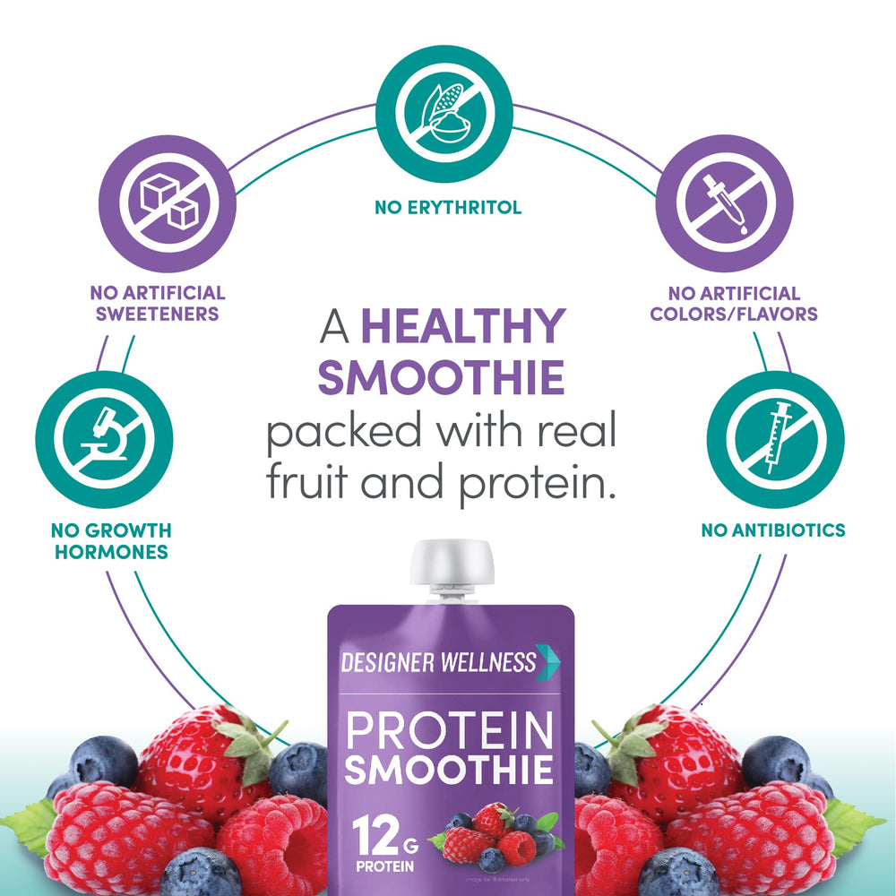 Designer Wellness mixed-berry ingredients close-up emphasizing gluten-free and non-GMO quality.