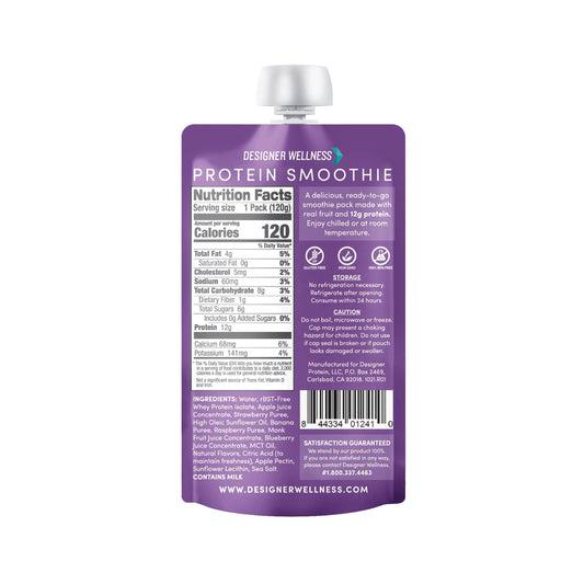 Designer Wellness protein smoothie pack shot highlighting convenient 12-count for quick meals.