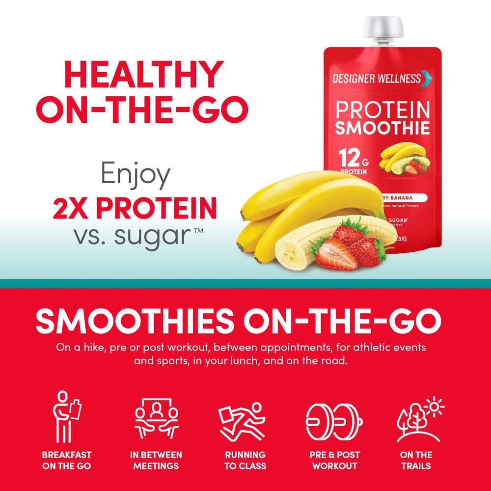 Designer Wellness Protein Smoothie nutrition panel emphasizes low carb and gluten-free.
