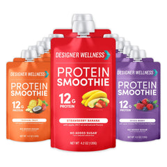 Designer Wellness Protein Smoothie pouch on the go for a quick protein boost.
