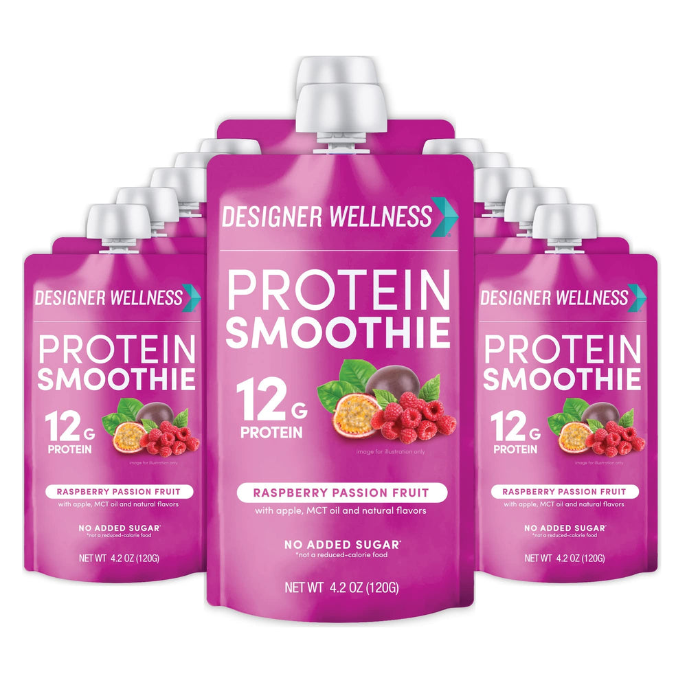 Designer Wellness protein smoothie raspberry passion fruit pack for on-the-go nutrition.