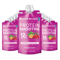 Designer Wellness protein smoothie raspberry passion fruit pack for on-the-go nutrition.