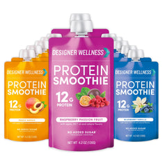 Designer Wellness Protein Smoothie real fruit label highlighting 12g whey protein for sustained energy