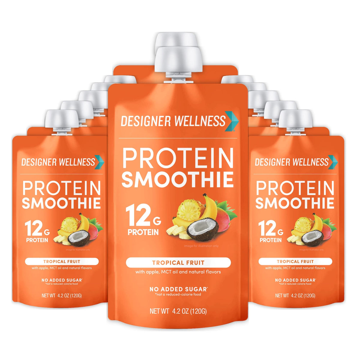 Designer Wellness Protein Smoothie tropical bottle emphasizes real fruit and on-the-go convenience.