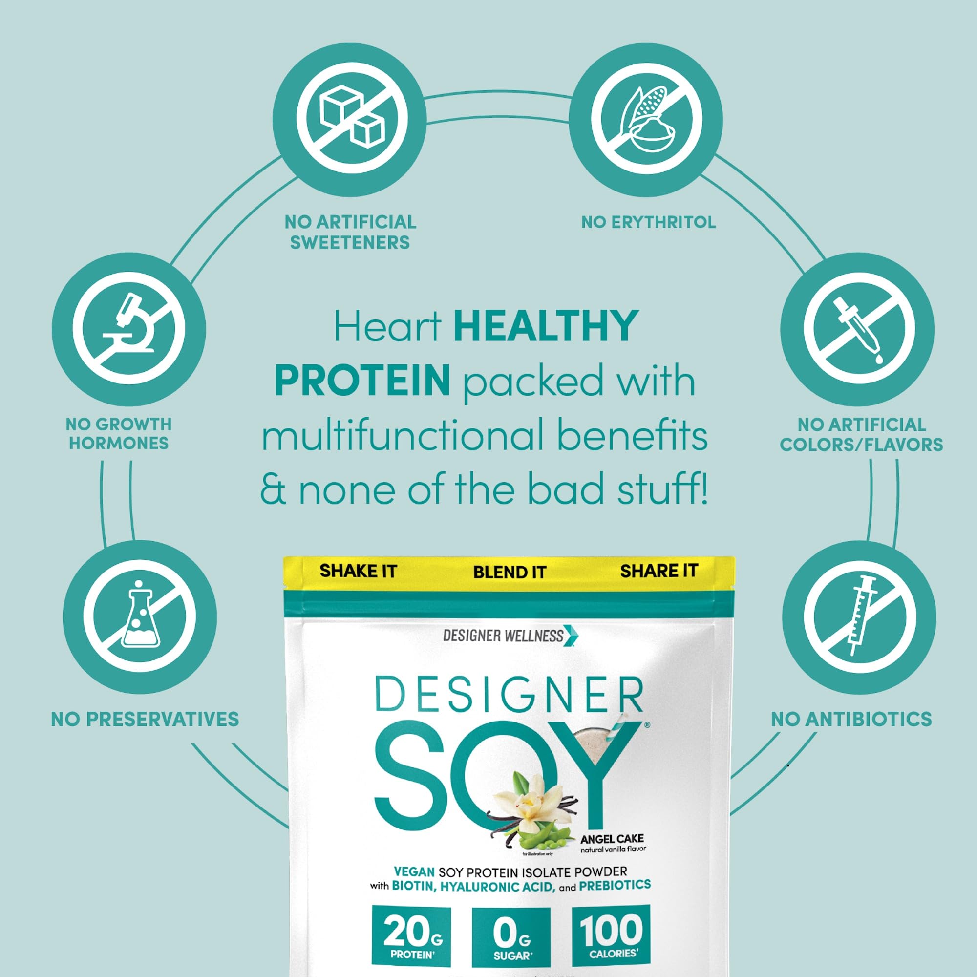 Designer Wellness tub label close-up emphasizing non-GMO and vegan certifications