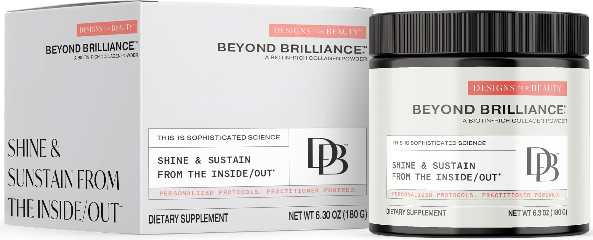Designs for Beauty Beyond Brilliance bottle side view for convenient daily collagen support