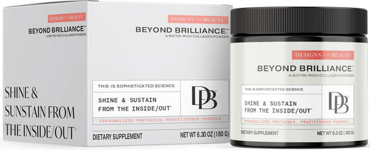 Designs for Beauty Beyond Brilliance bottle side view for convenient daily collagen support