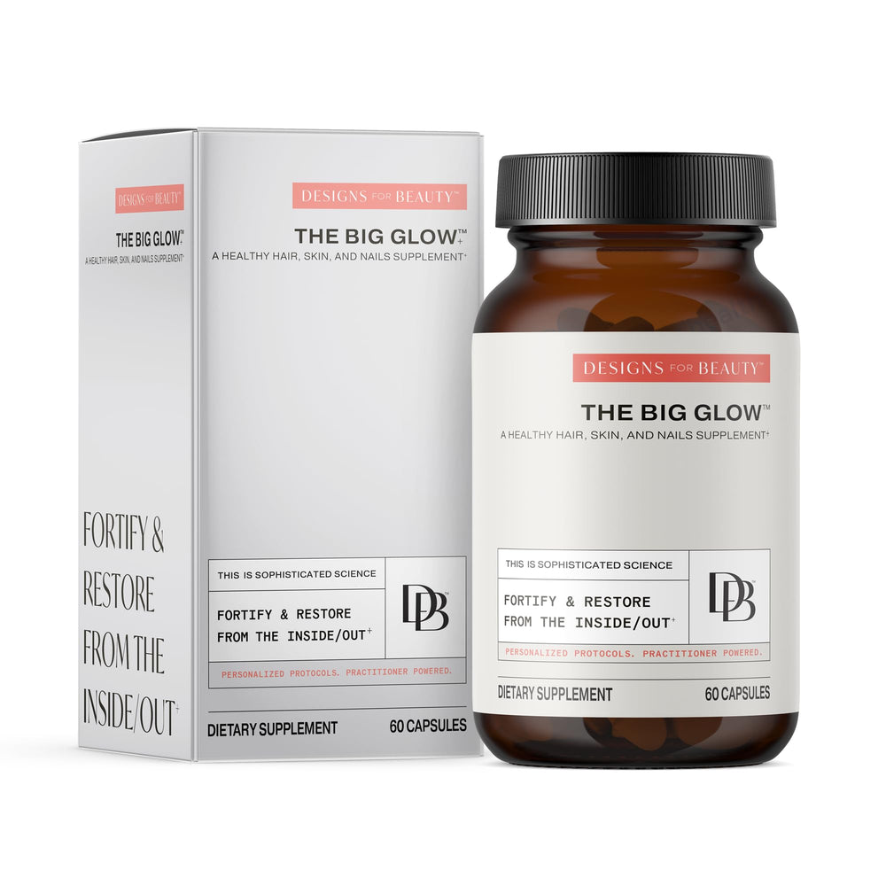 Designs for Beauty The Big Glow bottle front with capsules for hair and skin support