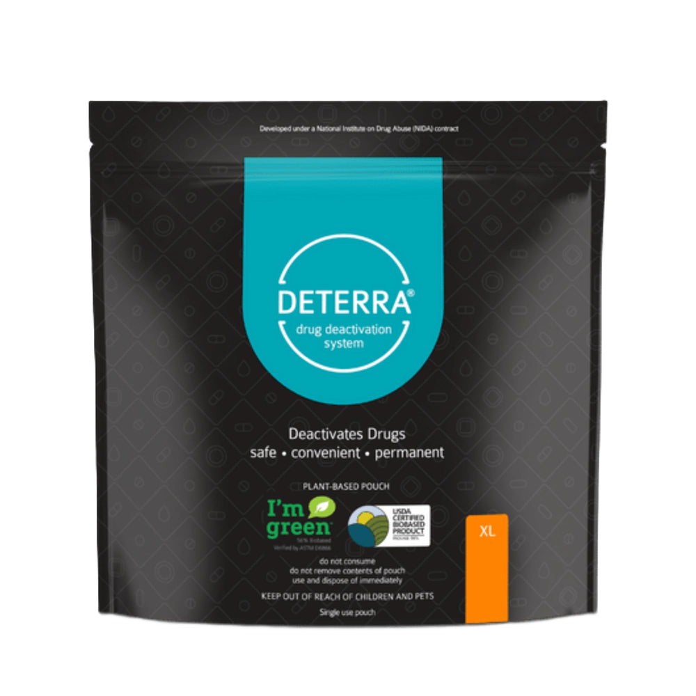 Pills and liquids placed inside DETERA pouch for deactivation.