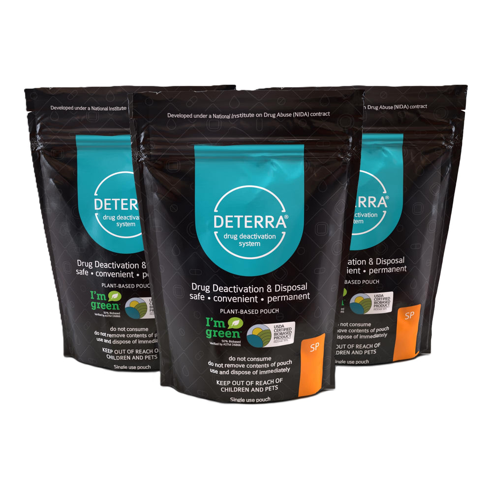 DETERRA pouch sealed and ready for trash disposal for safe handling.