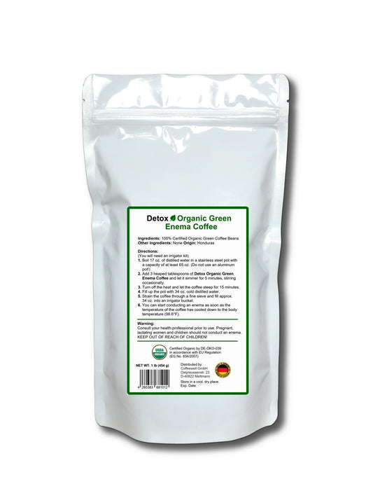 Detox Organic Green Enema Coffee granules closeup showing coarse texture ideal for enema use.