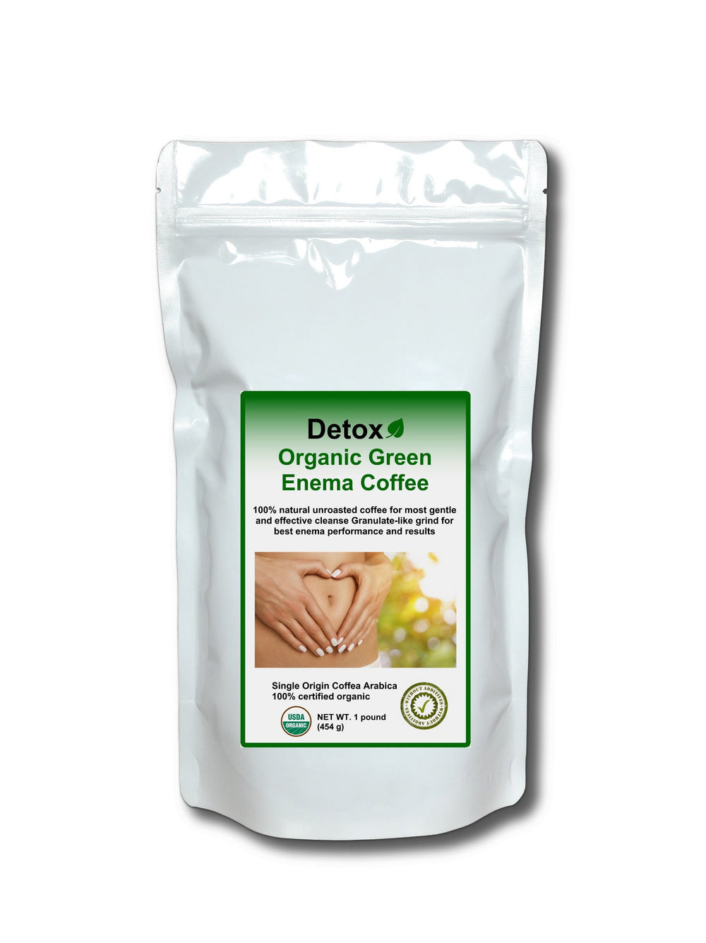 Detox Organic Green Enema Coffee packaging highlights GMP quality for safe cleansing routines.