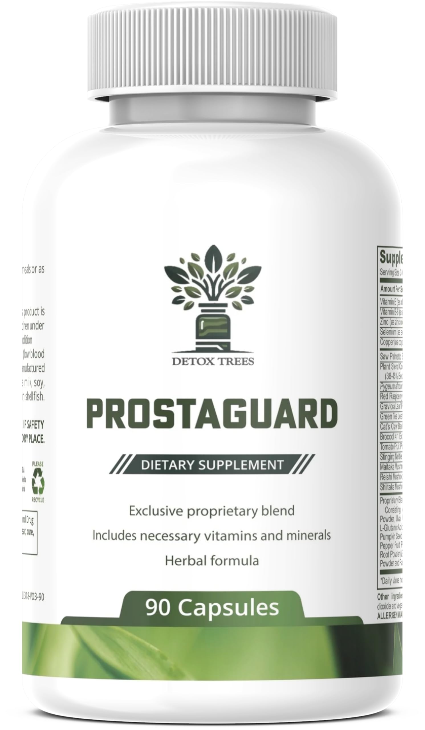 Detox Trees Prostate supplement bottle shown for daily urinary flow support.