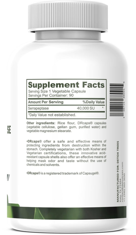 Detox Trees Serrapeptase bottle back shows vegan, non-GMO formula