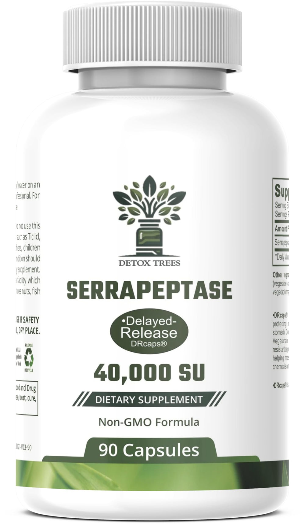 Detox Trees Serrapeptase bottle front highlighting 40,000 SPU potency for everyday balance