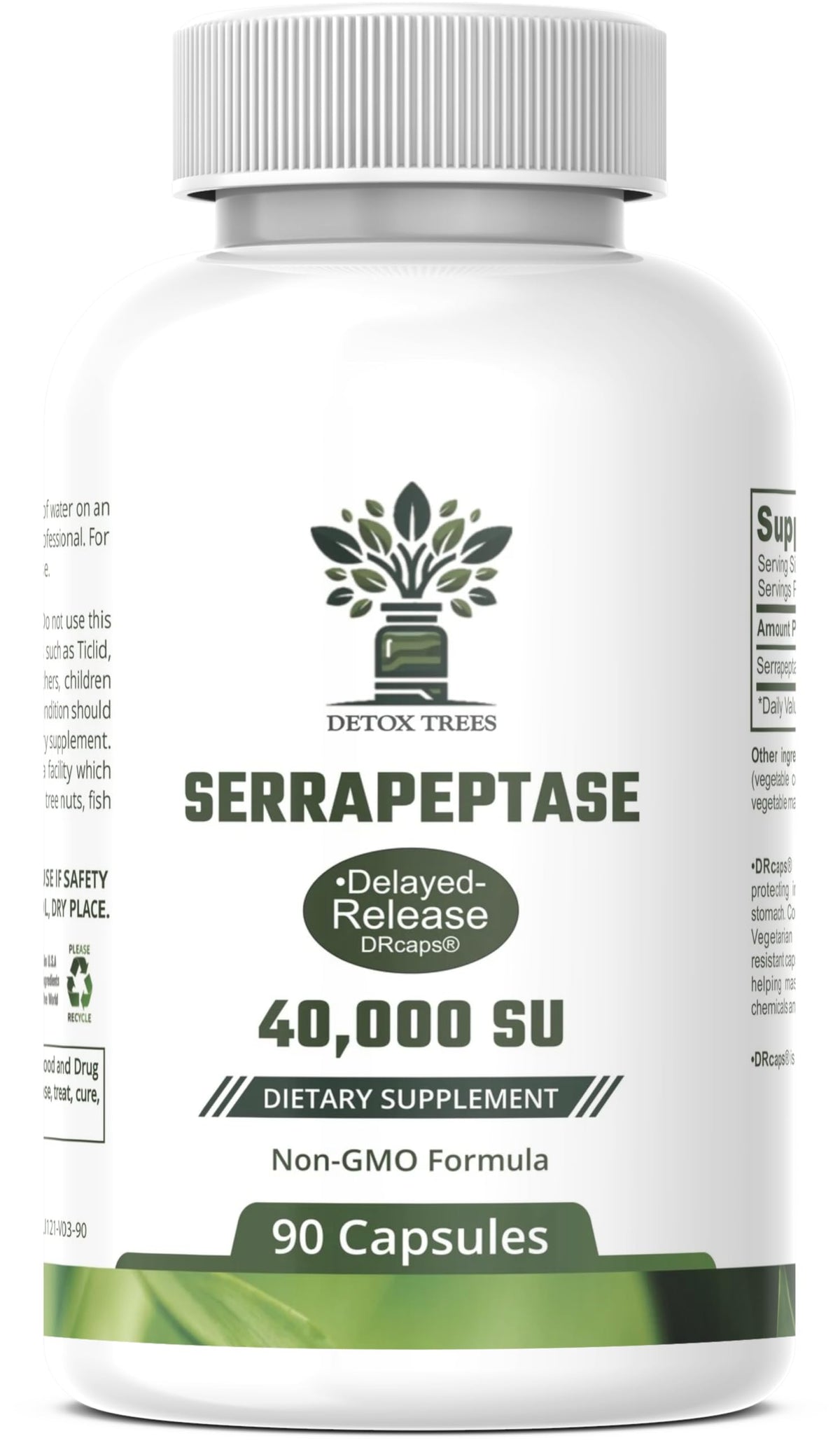 Detox Trees Serrapeptase bottle front highlighting 40,000 SPU potency for everyday balance