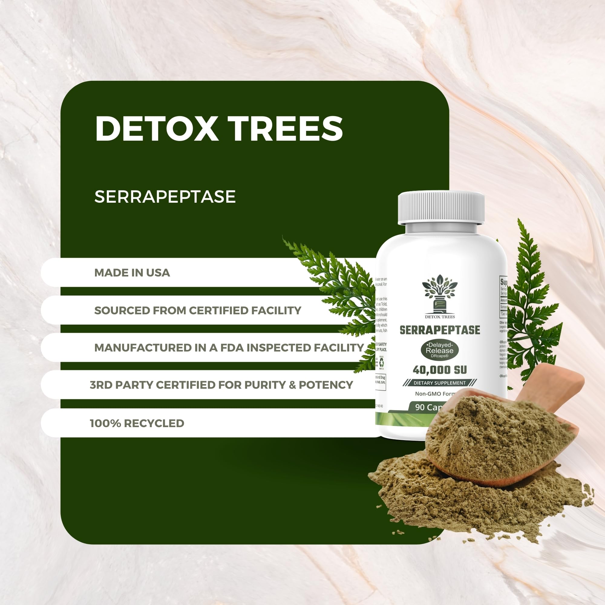 Detox Trees Serrapeptase daily routine setup on a desk beside water